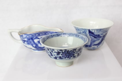 Three Chinese Blue and White Porcelain Cups