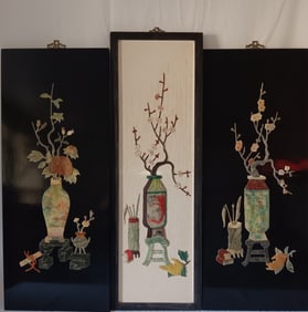 Three Chinese Wood Screen Panel Set w Stone Inlaid