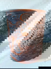 Chinese Hand Carved Bamboo Brushpot w Dragon Phoen