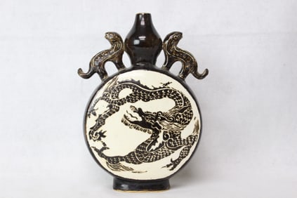 Chinese Ceramic 'moon flask' with Dragon Handle