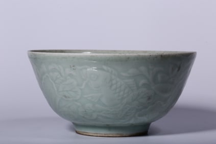 Chinese Glazed Porcelain Bowl with a carved Fish