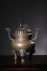 Chinese Bronze Tripod Censer with guardian lion F