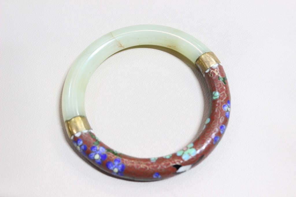 Vintage Chinese Jade and Cloisonn Bangle Bracelet