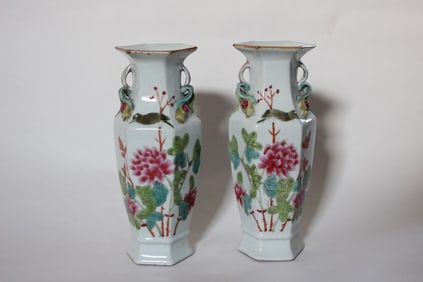 Pair of Chinese Famille Rose Hexagonal Vase,Mark on bottom