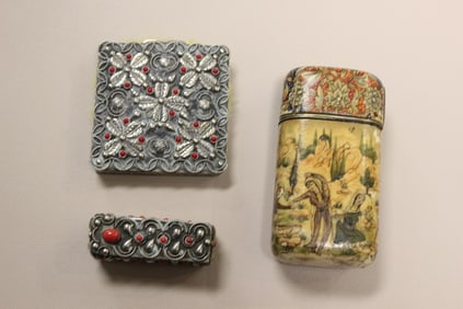 Persian Hand Paint lidded Tin Container,small silver Lipstick and powder compact
