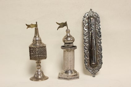 Judaica Silver Besamim Towers and one Mezuzah Case