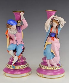 19C Russian Gardner Porcelain Pair Candleholders