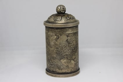 Chinese Silver-plated cylindrical Box or Toothpick