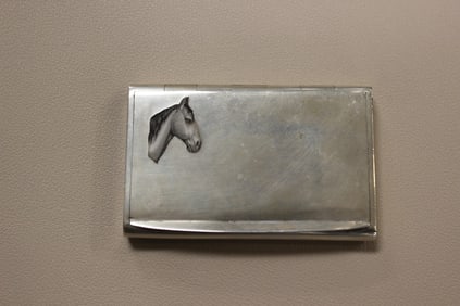 Vintage Hand Paint Horse Head Silver Cigarette Case