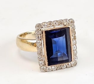 Antique Russian 14K Gold Sapphire Diamonds Ring