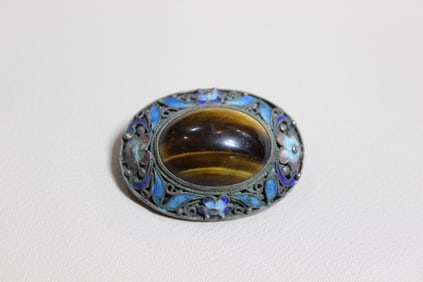 Oval Silver Enamel Brooch with a Tiger’s Eye Stone