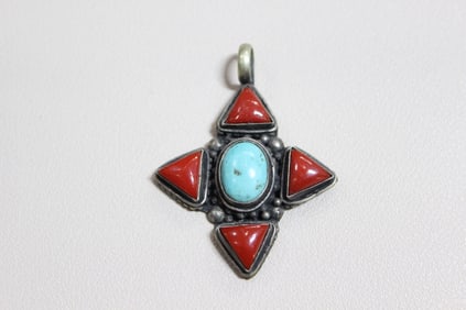 Turquoise and Red Stone Sterling Silver Pendant
