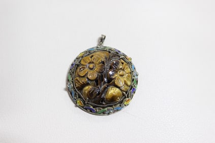 Vintage Chinese Export Pendant w Tiger's Eye Stone