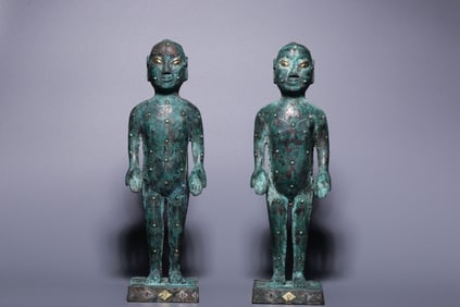 Ming Chinese Bronze Figural (tóng rén) w Gold and Silver Inlaid