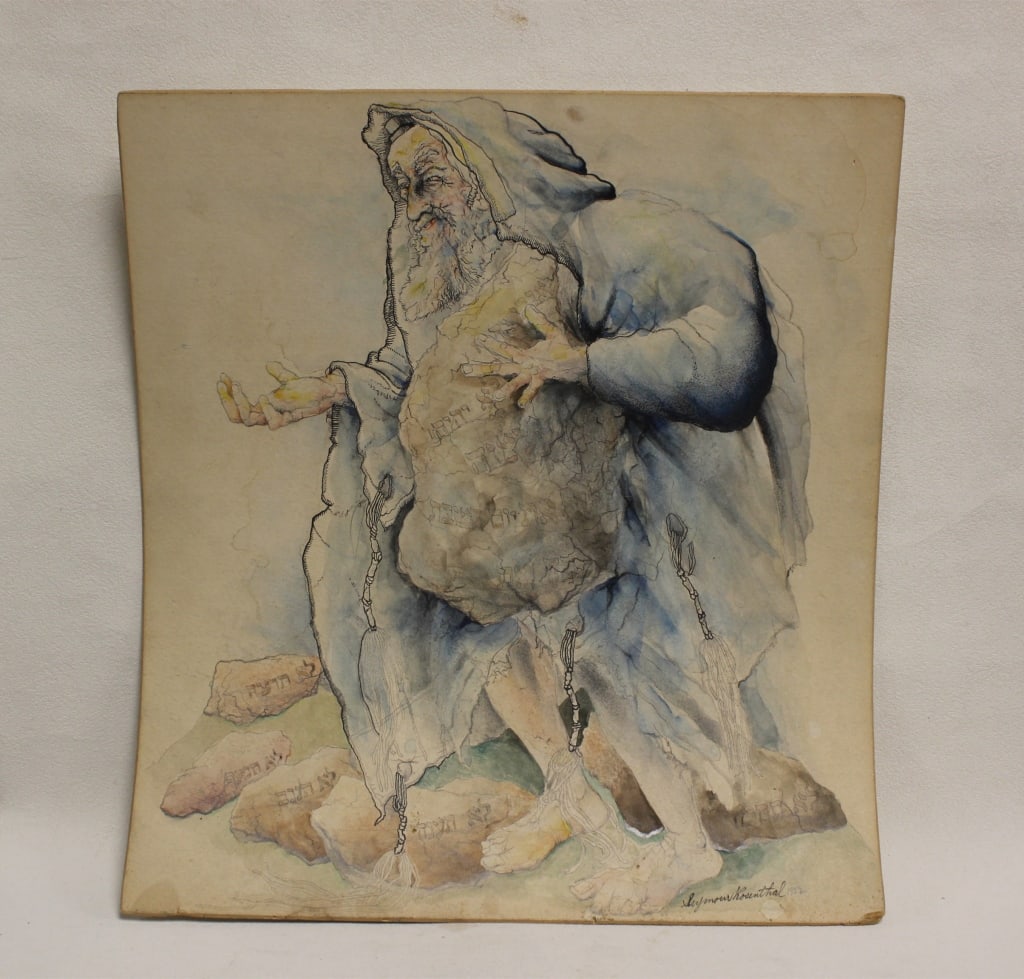 an Original American Watercolor Painting: an original watercolor painting and is a known piece by the American artist Seymour Rosenthal (1921–2007). The specific work is titled Moses, and it depicts the biblical prophet holding the stone ta