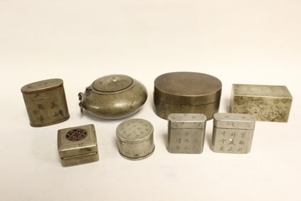 Collection of Chinese Metal Boxes with etched deta