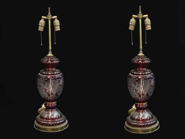 Vintage Bohemian Cranberry cut-to-clear glass Lamp