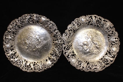 Pair of Vintage German 800 Silver Charger w Musician Subject.