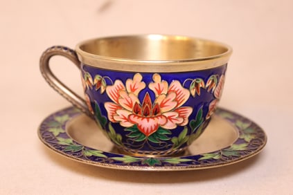 Russian Silver Enamel Teacup with matching Saucer