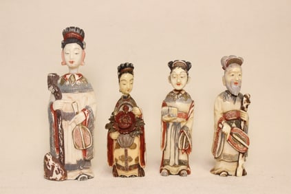 Four Antique Hand Carved Bone Polychrome Figurines