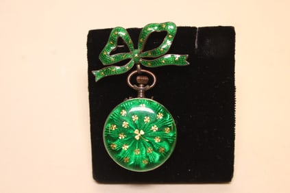 Green Enamel on Silver Pocket Swiss Watch Pendant