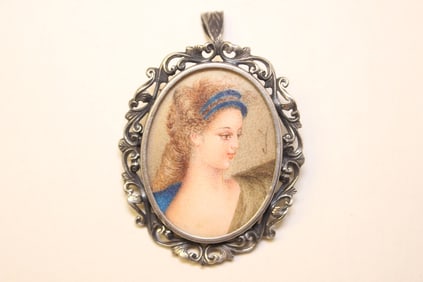 A Hand Paint Miniature Pendant w Silver Frame,sign