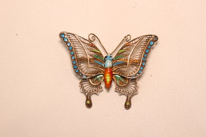 Vintage Chinese Silver Filigree Enamel Butterfly B