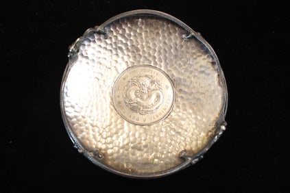 Chinese Hand Hammer Dish w Silver Coin