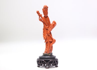 19th.C Carved Coral Figural Holding Sword&Whisk