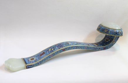 Chinese Cloisonné and White Jade Ruyi scepter.