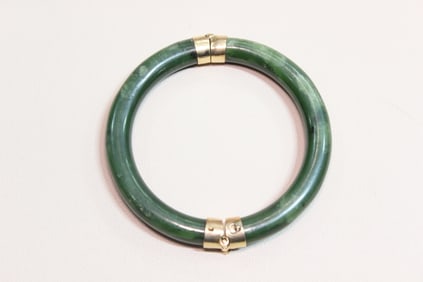 Vintage Green Jade Hinged Bangle w Gold Mount