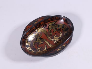 Chinese Lacquered Wooden "Ear cup" w Dragon