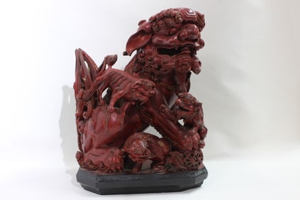 Chinese carved wood guardian lion Sculpture