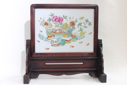 Chinese Porcelain-inset Wood Table Screen