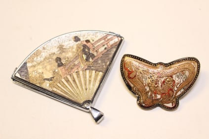Japanese Fan Shape and Butterfly Shape Pendant Bro