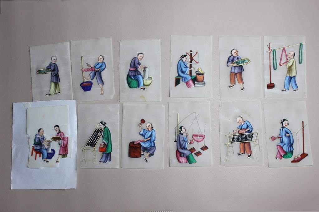 Collection of 12 Chinese Export PithPape Paintings,19th-Century (1 of 5)