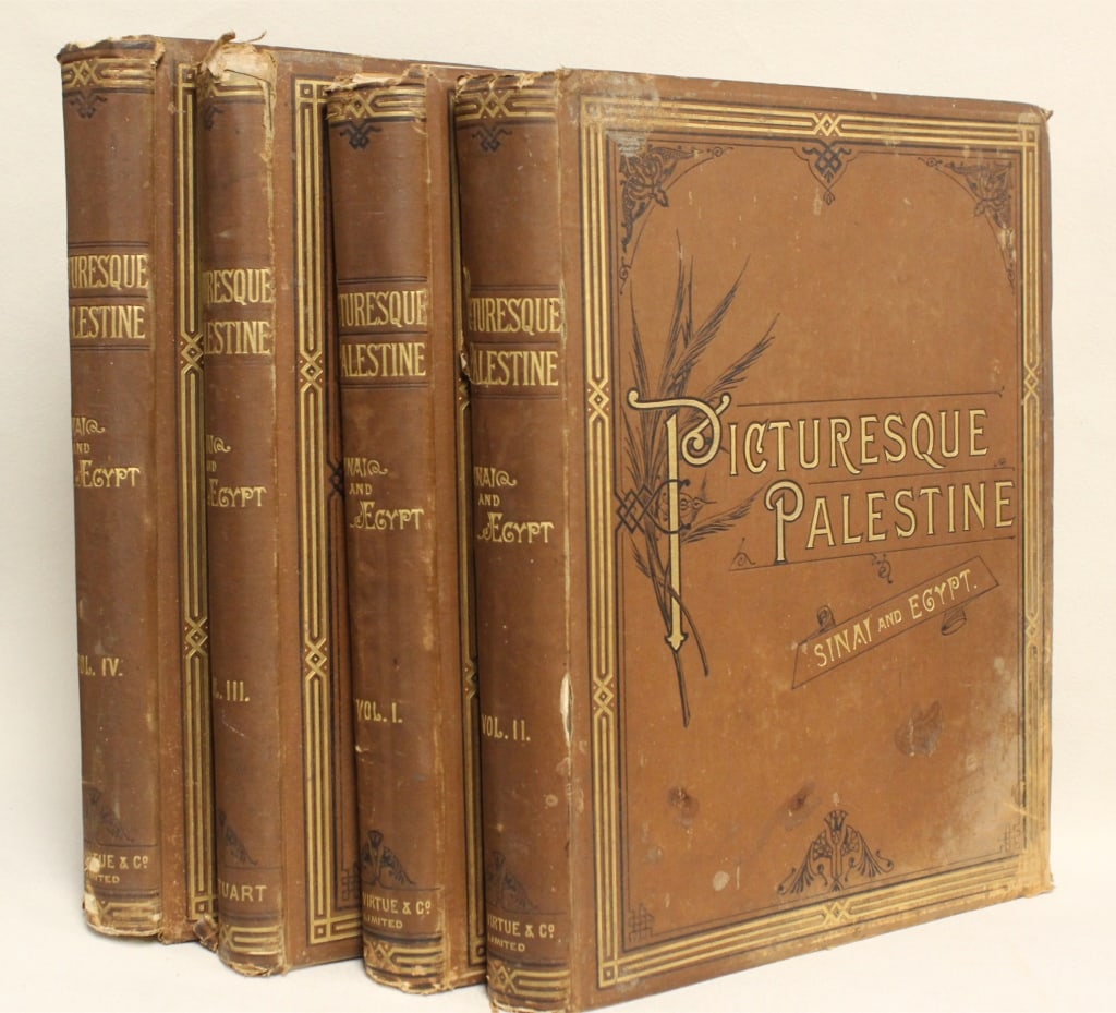 Four Antique Books Title Picturesque Palestine, Sinai and Egypt: collection of books is titled "Picturesque Palestine, Sinai and Egypt," edited by Colonel Sir Charles W. Wilson. The set was originally published in the early 1880s (circa 1880-1884) by J. S. Virtue &