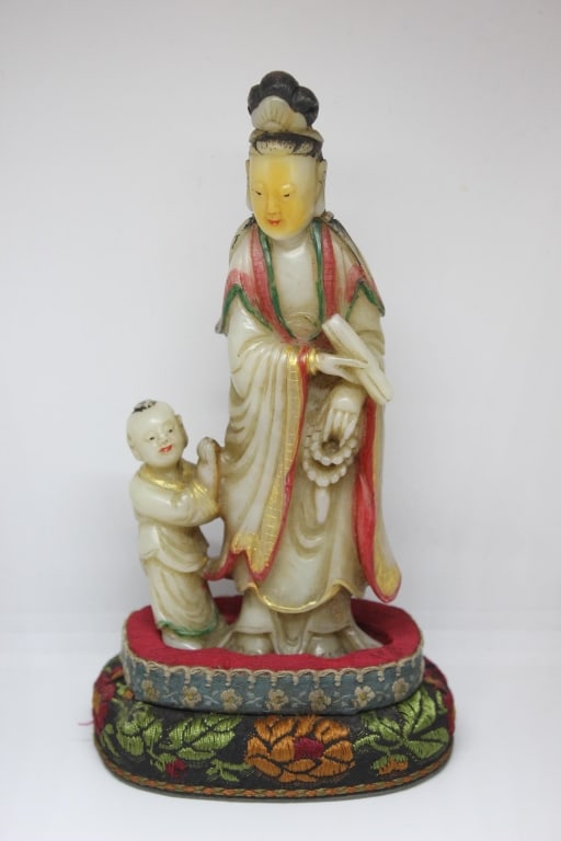 Chinese carved Soapstone Figure of Guanyin w Child (1 of 7)