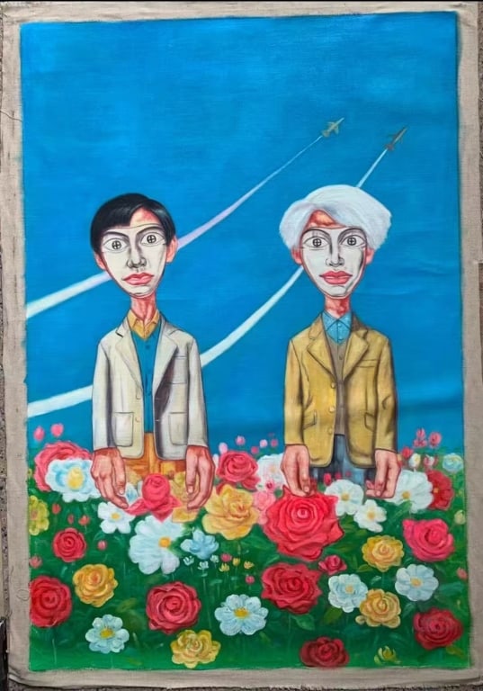 a significant work of contemporary art titled"Fly": Dimension: 122X180cm. The painting depicts two figures in Western-style suits standing behind a bed of vibrant roses. The figure on the left is a self-portrait of the artist, and the figure on the rig