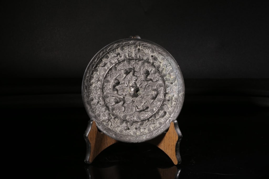 Chinese Bronze Mirror w Grapes and Sea Beast (1 of 10)