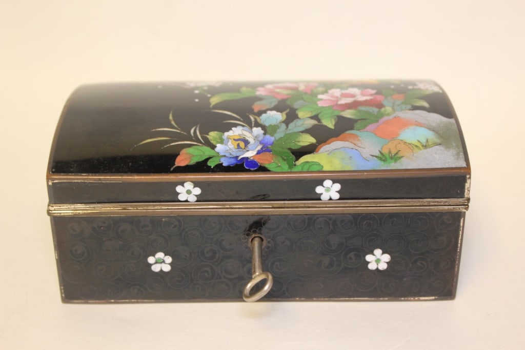 Enameled Japanese Cloisonne Jewelry Box w Key (1 of 5)