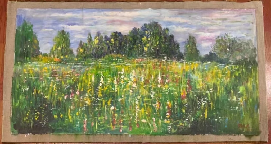Impressionistic oil painting of wildflowers&Trees: Dimension: 100X200cm .impressionistic oil painting depicting a lush field of wildflowers and green trees. The style heavily utilizes the impasto technique, where paint is applied thickly to the canvas
