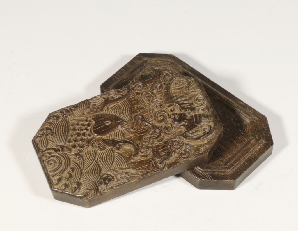 CH Hand-carved wooden Ink Box with a fish motif, (1 of 9)