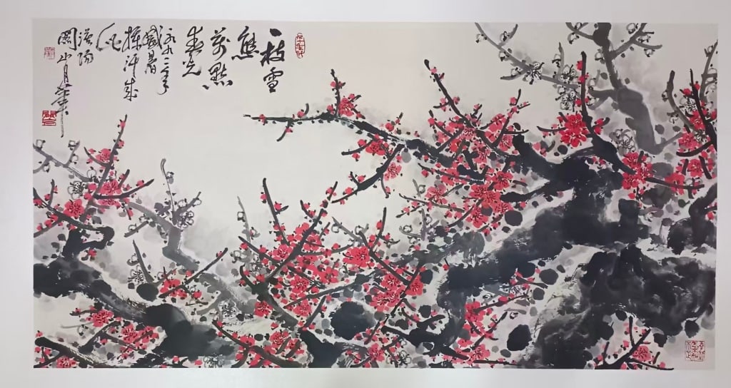 Chinese ink Painting of plum blossoms: Dimension: 133X68cm The painting appears to be in the "freehand" or xieyi style, blending traditional Chinese ink techniques with potentially some Western compositional elements, a hallmark of