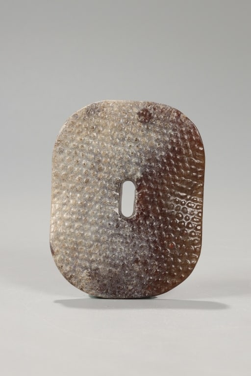 Chinese Jade Carved Ritual Bi Disc: Chinese nephrite jade plaque featuring an oval, rounded-rectangular form with a central hole. Dimension: 8cm L x 6.3cm W,weight is 86gram.