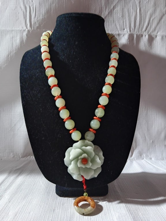 A Carved White Jade Necklace w Coral and 14k Clasp (1 of 7)