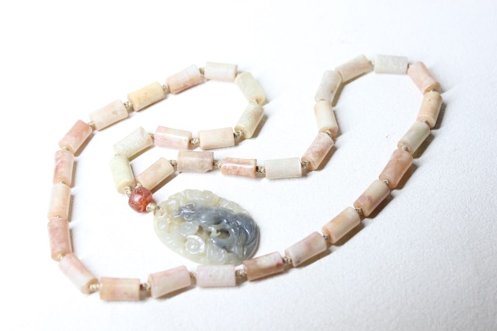 Cylindrical Jade beads Pendant w a Carved Pendant (1 of 8)