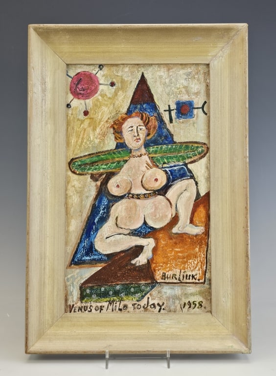 David Burliuk Russian/American(1882-1967)Oil Paint: David Burliuk Russian/American ( 1882-1967 ) Oil on Board Painting Venus of Milo . Signed lower right and titled lower left. Size: 14 1/8" x 8 5/8" image, 18" x 12" frame. Condition: very good