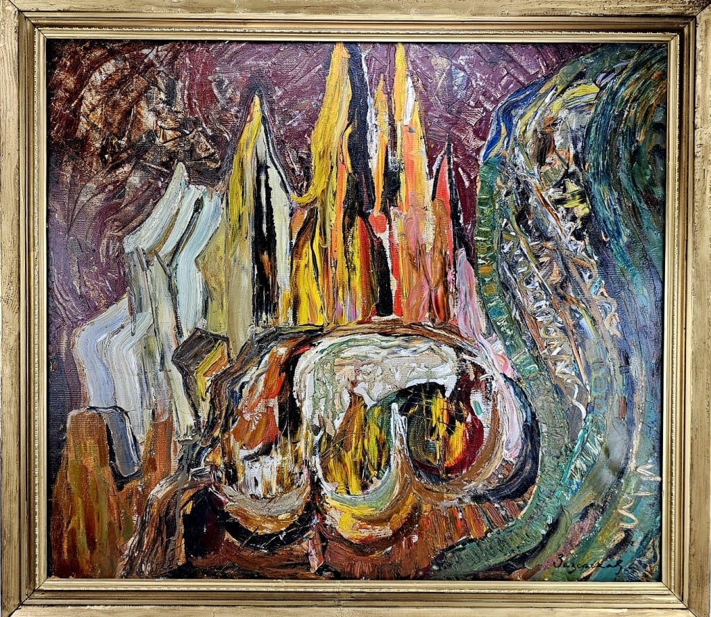 Zazerskay Vilgelmina ( Russian 1927-2023)Oil Paint: Zazerskay Vilgelmina Dmitrievna ( Russian 1927-2023 ) Oil on canvas painting " Solidified Lava" 1968.Signed lower right, signed, titled and dated on verso. Size: 27 1/2 x 31 1/2 in. Image, 31 x 35