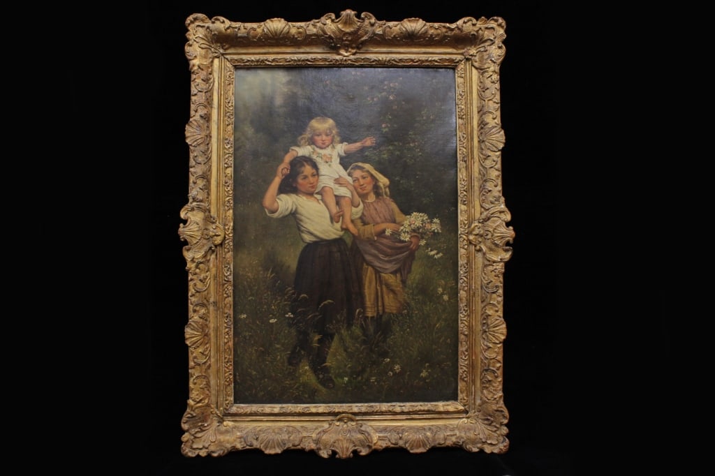 Oil Painting on Canvas,"Wild Roses": It features three young girls in a lush, sun-drenched country landscape. The eldest girl carries a toddler on her shoulders—a playful "piggyback" ride—while the third girl walks alongside them,